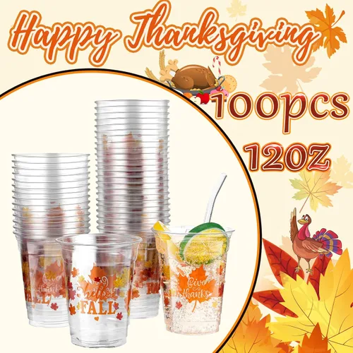 Vista 2 de Meanplan 100 vasos de plástico de Acción de Gracias a granel de 12 onzas, vasos desechables de otoño, hojas de calabaza, pavo, vasos transparentes