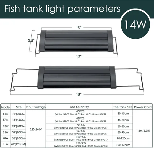 Vista 7 de AQQA Luz de acuario, luces LED de espectro completo para pecera, 12 a 54 pulgadas, ajustable, multicolor, blanco, azul, rojo, verde, con soportes