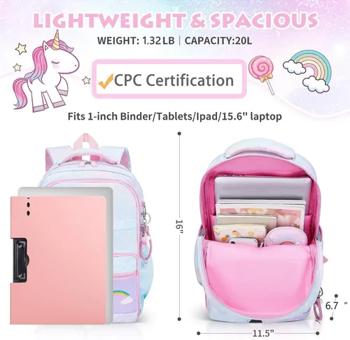 Vista 3 de Mochila para niñas, mochilas escolares de 16 pulgadas para niñas, bonita bolsa de libros para niñas, niños, estudiantes, escuela primaria, Azul