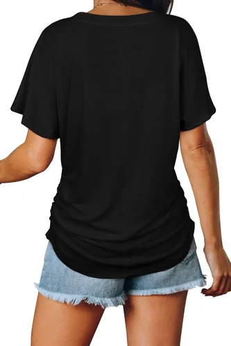 Vista 4 de WIHOLL - Camisetas de manga corta con cuello en V para mujer, holgadas, con fruncido lateral
