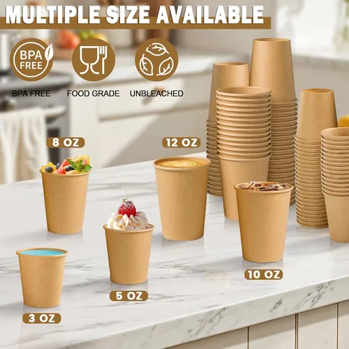 Vista 5 de Lamosi 200 paquete de tazas de papel kraft de 10 onzas, tazas de café de papel desechables marrones, tazas sin blanquear para bebidas