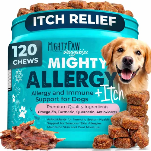 Vista 10 de Mighty Paw Waggables Allergy Immune + Itch (fabricado en los Estados Unidos) Paquete de 2 masticables para perros antipicazón para perros. Vitaminas