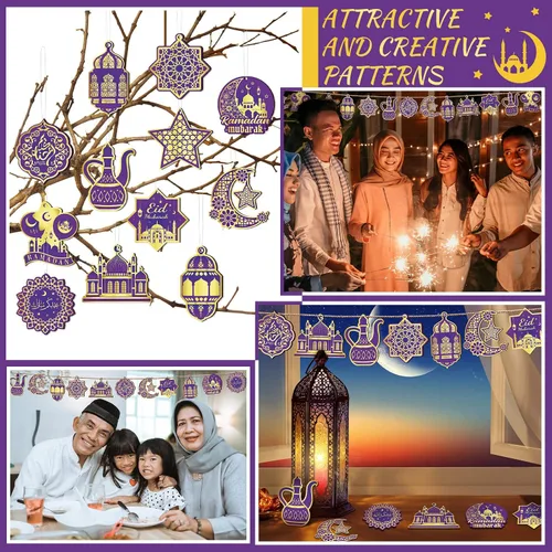 Vista 6 de Panelee 36 adornos de Ramadán para árbol Eid Mubarak decoración colgante de madera de castillo, faroles de estrella, luna, decoración islámica