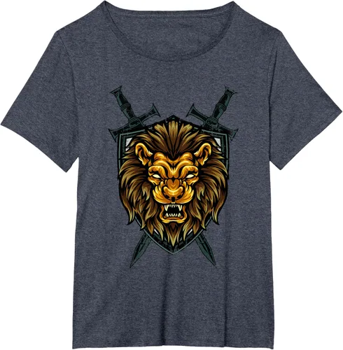 Vista 49 de Camiseta con diseño de caballero medieval renacentista, con diseño de espada de león, Negro, S