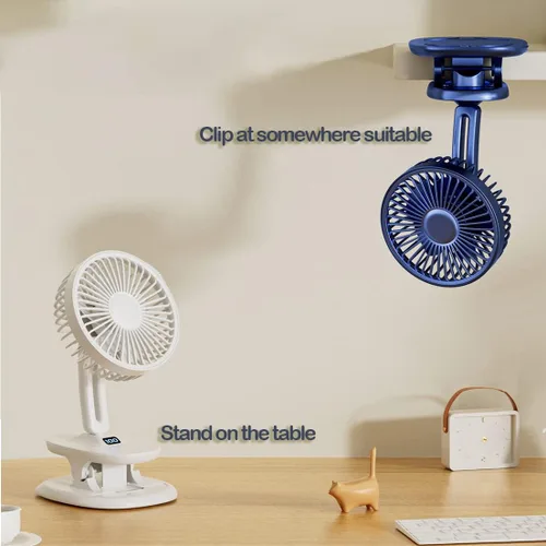 Vista 2 de Ventiladores de mesa portátiles de 5 pulgadas con clip, cabezal oscilante de 120° hacia arriba/abajo, indicador LED ajustable, ajuste