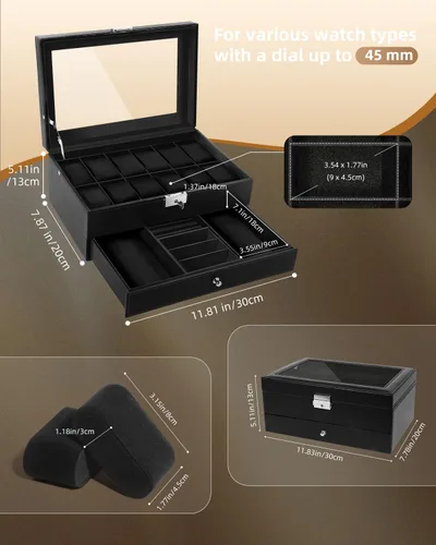 Vista 6 de Uten 12-Slot Watch Box, 2-Layers PU Leather Watch Case with Lock Negro