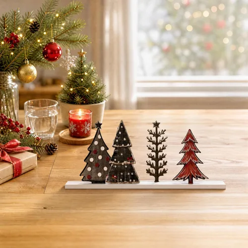 Vista 6 de Decoración de mesa de Navidad con sonrisa, centros de mesa de pie, 4 piezas de señales de árboles de Navidad en madera, decoración para estante.