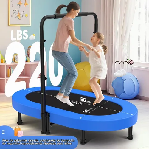 Vista 5 de ANCHEER Mini trampolín doble de 56 pulgadas para niños, mini rebote con mango ajustable de 5 niveles, trampolín para padres e hijos para niños Azul