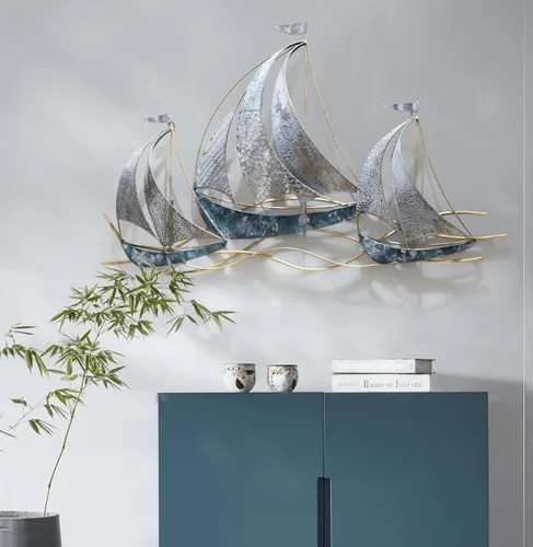 Vista 2 de AUQMTAIN Decoración de pared de barco náutico de 34 pulgadas, esculturas de pared de barco náutico 3D, velero costero hecho a mano para el hogar