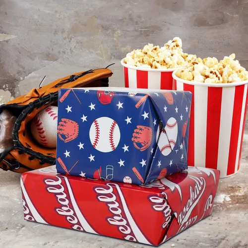 Vista 6 de AnyDesign 12 hojas de papel de regalo de béisbol, no enrolladas, papel de regalo deportivo, papel de regalo deportivo, plegado a granel, papel plano
