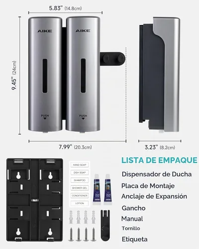 Vista 9 de AIKE Dispensador de champú y acondicionador de ducha de 2 cámaras para baño Plata