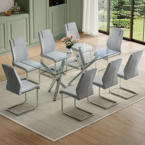 Vista 16 de Juego de mesa de comedor de cristal para 6, 71 pulgadas juego de mesa de comedor moderno para 6 7 Piece Dining Table Set, 6 White Dining Chairs