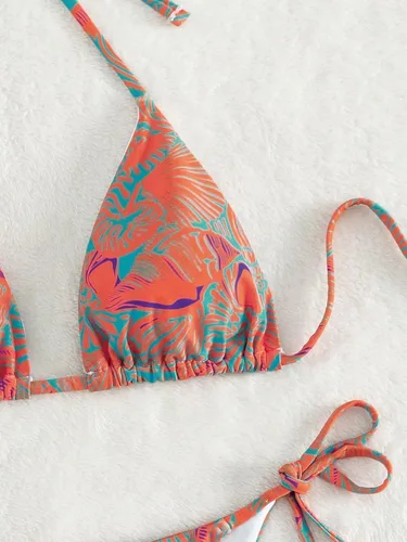 Vista 3 de Falainetee Traje de baño de cintura alta para mujer, estampado floral, triángulo, halter, conjunto de bikini de 2 piezas