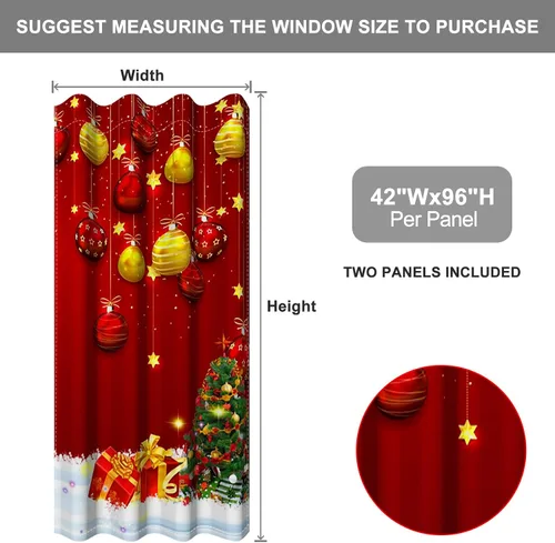 Vista 25 de Cortinas con adornos de Navidad impresos, cortinas para ventana de chimenea, calcetines de Navidad, árboles de Navidad, regalos, paneles opacos