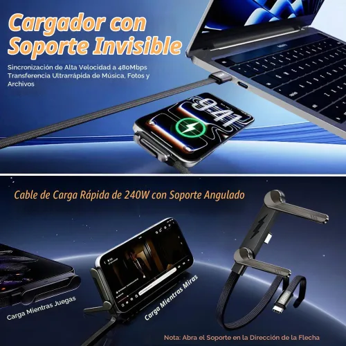 Vista 3 de 2 cargadores de teléfono laterales con 5 bridas de silicona para cables, cable de carga invisible de 240 W con soporte de metal ajustable de 360°