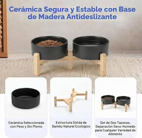 Vista 6 de SPUNKYJUNKY Cuencos elevados de cerámica para perros, 5.1 pulgadas, para comida de perros y gatos, cuencos elevados con soporte de bambú Negro
