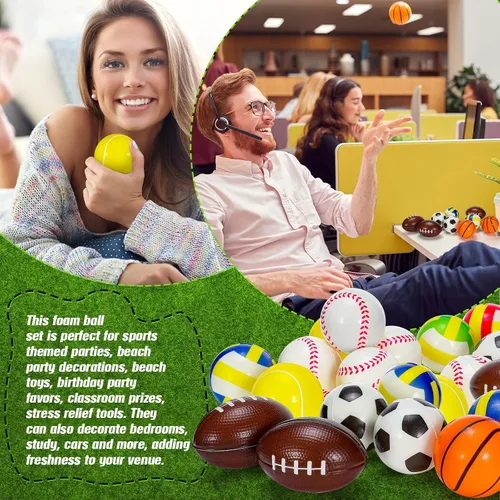 Vista 5 de HyDren 72 pelotas deportivas para el estrés, mini pelota deportiva de espuma, incluye bolsa de almacenamiento, baloncesto, fútbol, fútbol, tenis
