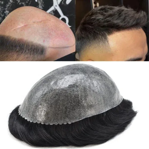 Vista 92 de Toupee para hombres Sistema de reemplazo de cabello humano real para hombres Completo PU Mens Hairpiece de aspecto natural para hombre piezas