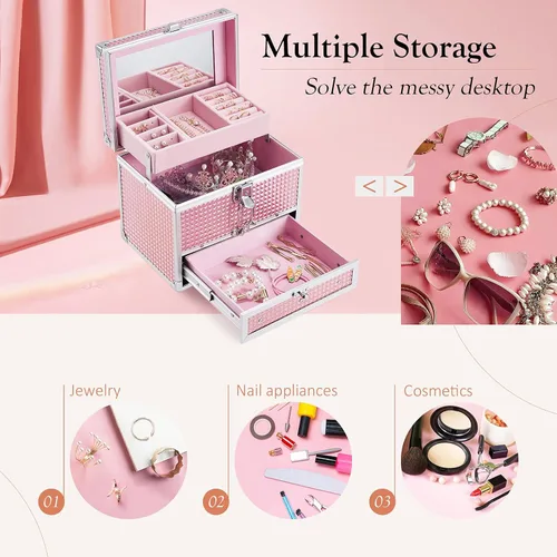 Vista 3 de Hododou Joyero organizador para niñas con cajón y espejo estuche de almacenamiento con cerradura estilo rosa brillante para niños o niñas pequeñas