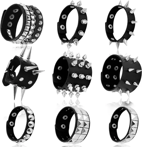 Vista 8 de Qinsihwn Punk Studded Bracelet Goth Bracelet Leather Rivets Spike Bracelets Cuff Adjustable Metal Wristband Gothic Accessories