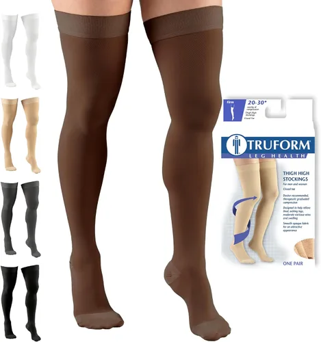 Vista 14 de Truform - Medias de compresión de 20-30 mmHg para hombres y mujeres, altura hasta el muslo, punta cerrada, con detalle de punto, beige, talla S