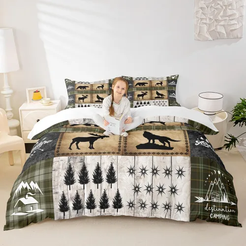 Vista 19 de Juego de funda de edredón para niños de ciervo, oso, lobo, tamaño individual, juego de ropa de cama de cabaña de aventura para niños, niñas