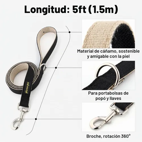 Vista 5 de Collar y correa para perro de algodón y cáñamo Plutus Pet, collar ajustable para perros pequeños, medianos y grandes, resistente y suave en la piel