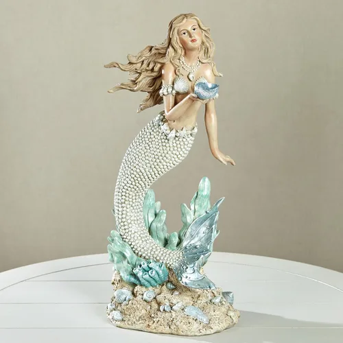 Vista 2 de Touch of Class Oceana - Escultura costera de sirena Figura de resina pintada a mano Acentos nacarados, concha azul y cola en tono perlado