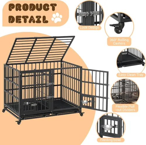 Vista 2 de Jaula para perros con riel deslizante de 42 pulgadas, perrera de metal grande resistente con puertas dobles, divisor flexible, bandeja extraíble