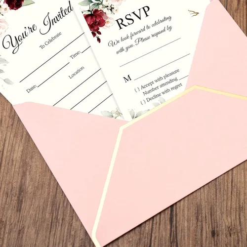 Vista 3 de DORIS HOME 25 invitaciones de boda rosadas con sobres y tarjetas RSVP con rosa burdeos y sobre con borde dorado para compromiso, quinceañera