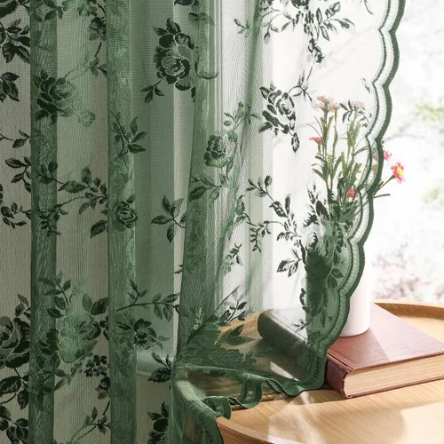 Vista 12 de Cortinas de encaje beige, juego de 2 paneles de cortinas traslúcidas con bolsillo para cortinero, decoración de ventana pequeña, baño, sótano