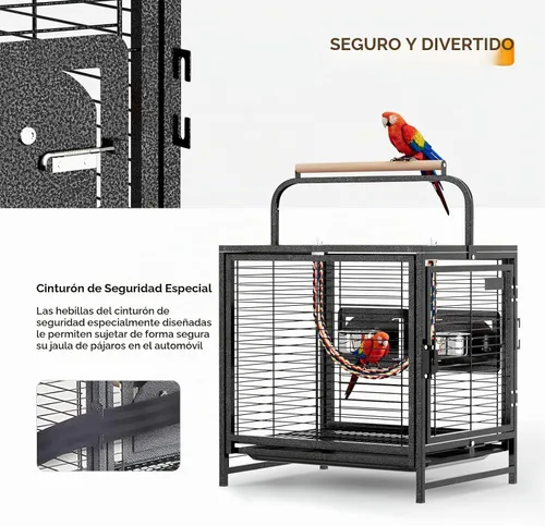 Vista 6 de VINGLI Jaula para pájaros pequeños, jaula de viaje de 19 pulgadas con asa, jaula de periquitos de hierro forjado con perca de madera para loros