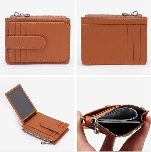 Vista 4 de Cartera delgada para mujer delgada para mujer, tarjetero con bloqueo RFID, de piel auténtica, carteras pequeñas
