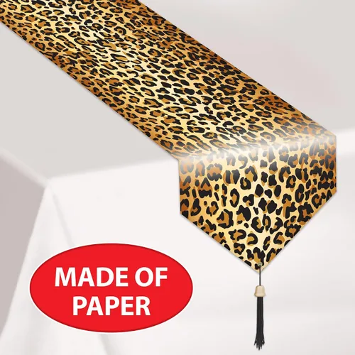 Vista 3 de Beistle Camino de mesa de papel con estampado de leopardo, decoración de mesa con temática de safari y selva con detalles de borlas, tema