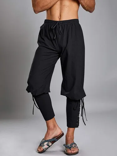 Vista 8 de Pantalones de tobillo medievales para hombre, disfraz de pirata vikingo, renacentista, con cordones, con bandas cónicas, pantalones casuales