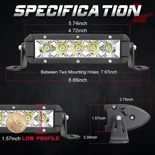 Vista 2 de OFFROADTOWN Barra de Luz LED de 6 Pulgadas de Una Sola Fila Focos LED Delgados para Conducción Todo Terreno Luces de Niebla de Trabajo Luz Spot