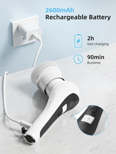 Vista 6 de Limpiador eléctrico giratorio, limpiador de ducha inalámbrico con pantalla de visualización, cepillo de limpieza de baño impermeable IP68, mango