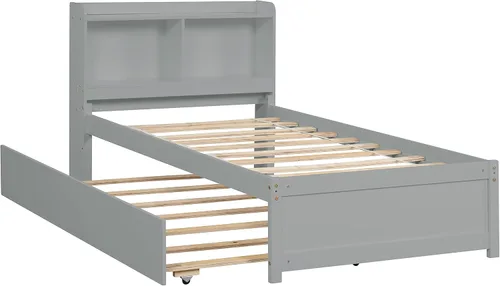 Vista 5 de Harper & Bright Designs Cama de plataforma individual con nido y estantería, marco de cama de madera con cabecero, sofá cama con soporte de listones