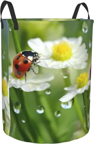 Vista 2 de Summer Ladybird Flowers print Circular Hamper Waterproof Storage Bin Organizer Basket Laundry Hamper With Handles For Clothes Toys Small