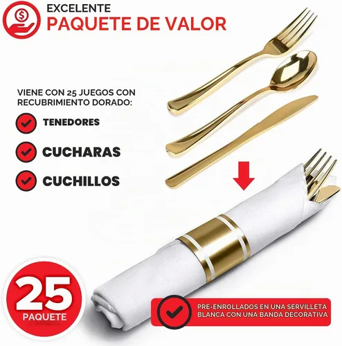 Vista 2 de Juego de cubiertos de plástico preenrollados para fiestas (paquete de 25), juego de cubiertos dorados, cucharas desechables, tenedores, cuchillos