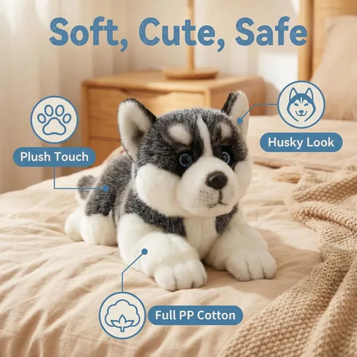 Vista 3 de CU-MATE Juguetes de peluche para perros Husky siberianos de 16 pulgadas, simulación realista y realista, juguete de peluche hecho a mano, regalo