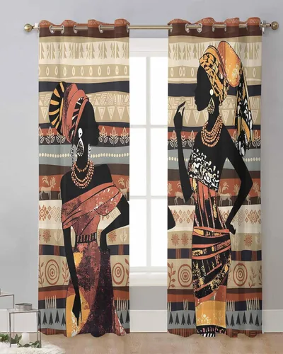 Vista 12 de Cortinas traslúcidas históricas africanas de 39 pulgadas de largo, juego de 2 paneles de cortinas para cocina, dormitorio, sala de estar, puerta