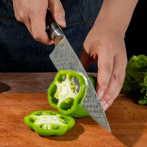 Vista 6 de WAK Cuchillo de chef de 8 pulgadas, patrón de damasco de espiga, cuchillo de cocina de hoja de acero inoxidable súper afilado, cuchillo de chef