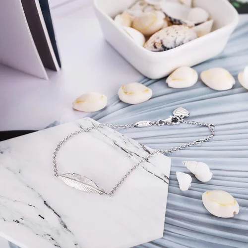 Vista 4 de AmorAime Pulsera de plata para mujer pulsera de plumas simples de la suerte con amor de plata de ley 925 joyería ajustable para niñas