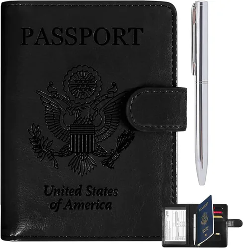 Vista 10 de RSAquar Soporte para pasaporte para mujeres y hombres, de piel sintética de alta calidad, cartera de pasaporte de viaje, con bloqueo RFID, cubierta