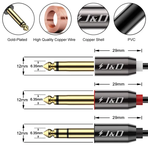 Vista 3 de J&D Cable de inserción estéreo TRS en Y de 1/4 de pulgada, (paquete de 2) carcasa de cobre chapada en oro de 0.250 in 1/4 de pulgada TRS macho a