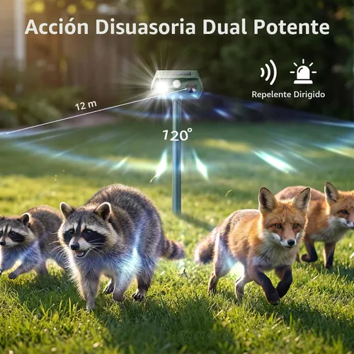Vista 3 de Repelente de gatos para exteriores, repelente solar de animales, dispositivo repelente de ciervos activado por movimiento, dispositivo humano