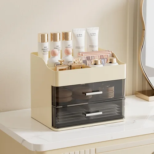 Vista 2 de Organizador de maquillaje para tocador, organizador de tocador con 2 cajones, organizadores de maquillaje y cuidado de la piel, vitrina de Crema