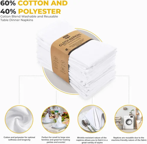 Vista 4 de Utopia Kitchen Servilletas de tela blanca, 12 unidades, 18 x 18 pulgadas, mezcla de algodón absorbente, lavables y reutilizables, para cenas