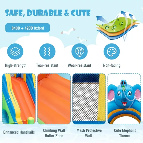 Vista 6 de HONEY JOY Tobogán acuático inflable, tobogán acuático de elefante 9 en 1 para patio trasero de niños, piscina de chapoteo, punta de tac, pared